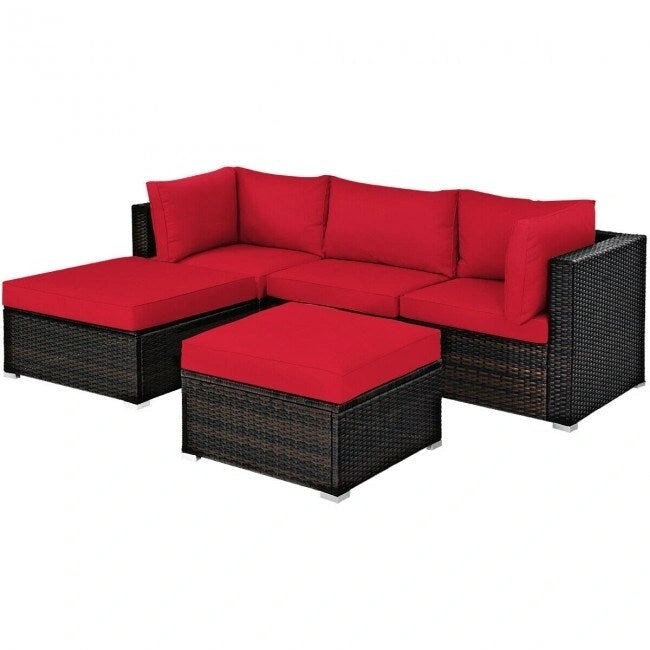 5 Pcs Patio Rattan Sofa Set with Cushion and Ottoman - 29.5  x 29.5  x 25  (L x W x H)