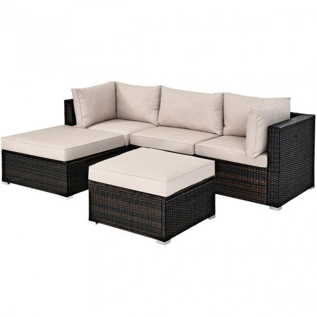 5 Pcs Patio Rattan Sofa Set with Cushion and Ottoman - 29.5  x 29.5  x 25  (L x W x H)