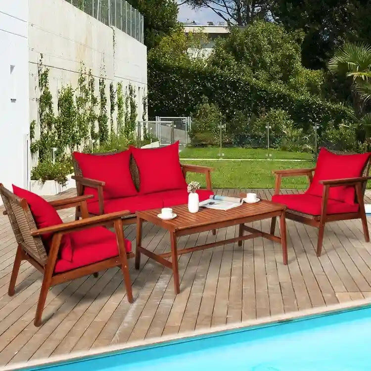 4 Piece Acacia Wood Patio Rattan Furniture Set with Cushions - 45  x 27.5 x 29.5  (L x W x H)