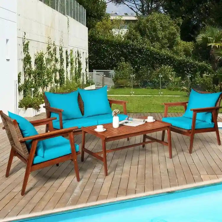 4 Piece Acacia Wood Patio Rattan Furniture Set with Cushions - 45  x 27.5 x 29.5  (L x W x H)
