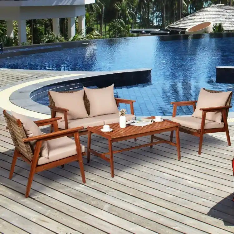 4 Piece Acacia Wood Patio Rattan Furniture Set with Cushions - 45  x 27.5 x 29.5  (L x W x H)