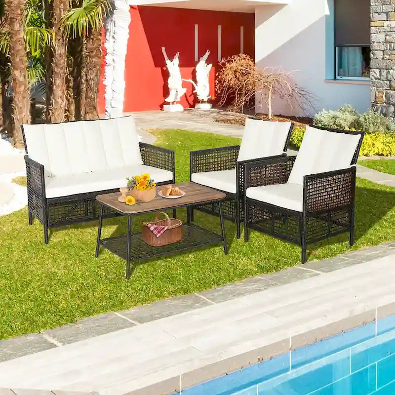 Costway 8PCS Patio Rattan Furniture Set Cushioned Chairs Wood Table - See Details