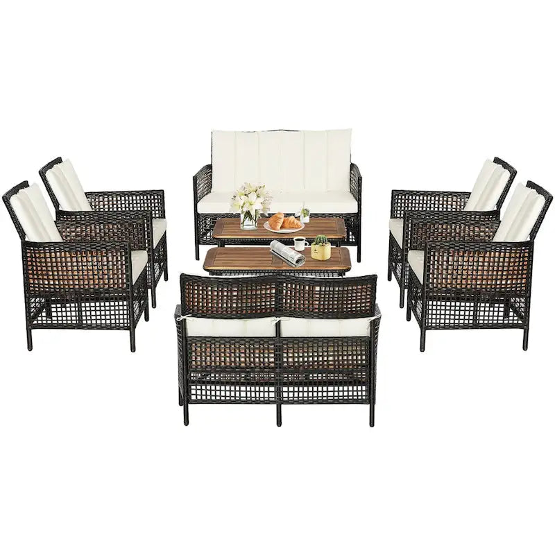 Costway 8PCS Patio Rattan Furniture Set Cushioned Chairs Wood Table - See Details
