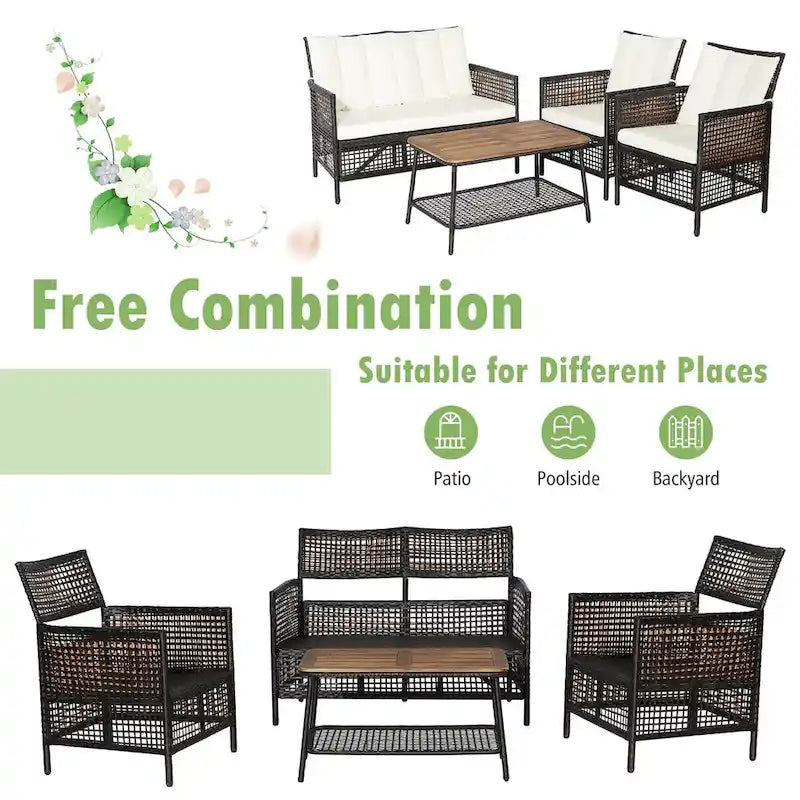 Costway 8PCS Patio Rattan Furniture Set Cushioned Chairs Wood Table - See Details