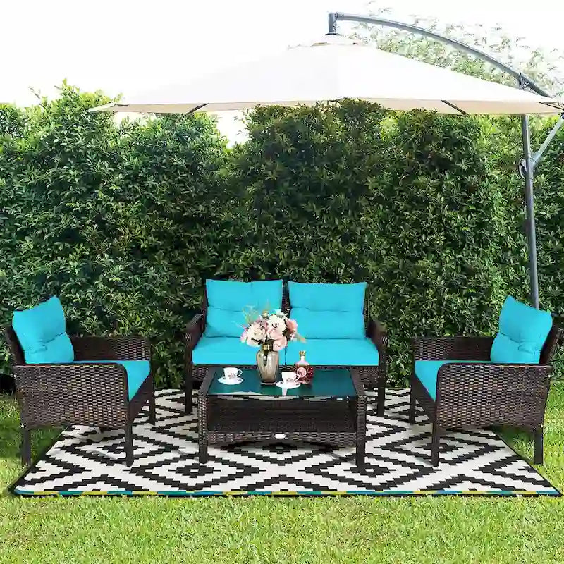 Costway 4PCS Patio Rattan Furniture Set Loveseat Sofa Coffee Table - 28  x26  x29 