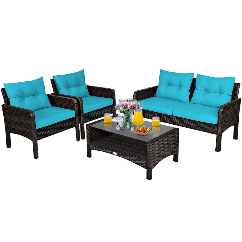 Costway 4PCS Patio Rattan Furniture Set Loveseat Sofa Coffee Table - 28  x26  x29