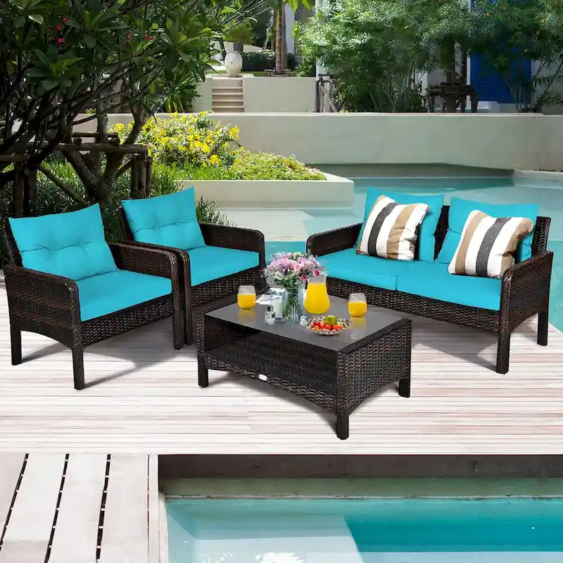 Costway 4PCS Patio Rattan Furniture Set Loveseat Sofa Coffee Table - 28  x26  x29