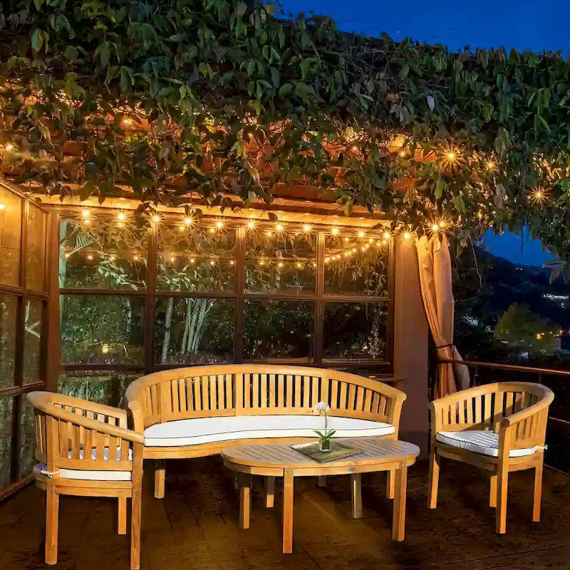 Chic Teak Peanut 4 Piece Teak Wood Patio Lounge Set, Triple Bench, 2 Chairs & Coffee Table