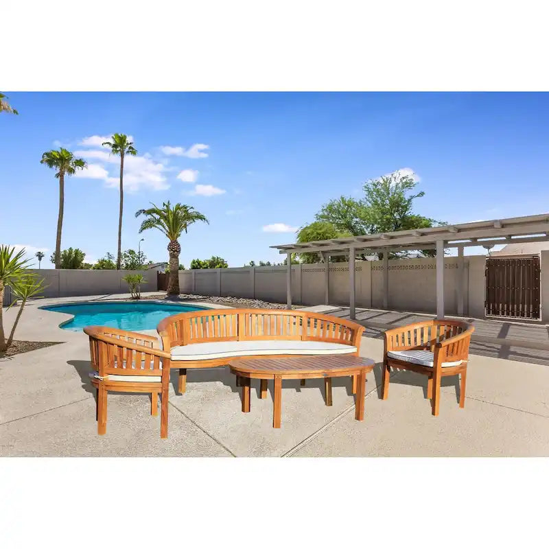 Chic Teak Peanut 4 Piece Teak Wood Patio Lounge Set, Triple Bench, 2 Chairs & Coffee Table