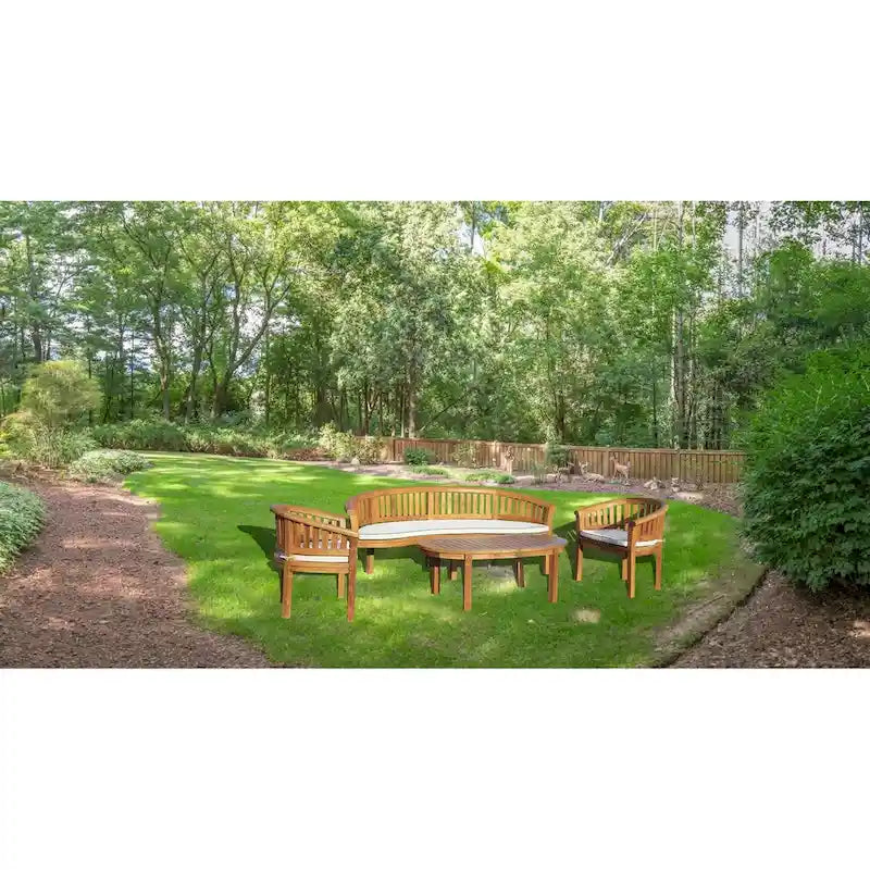 Chic Teak Peanut 4 Piece Teak Wood Patio Lounge Set, Triple Bench, 2 Chairs & Coffee Table