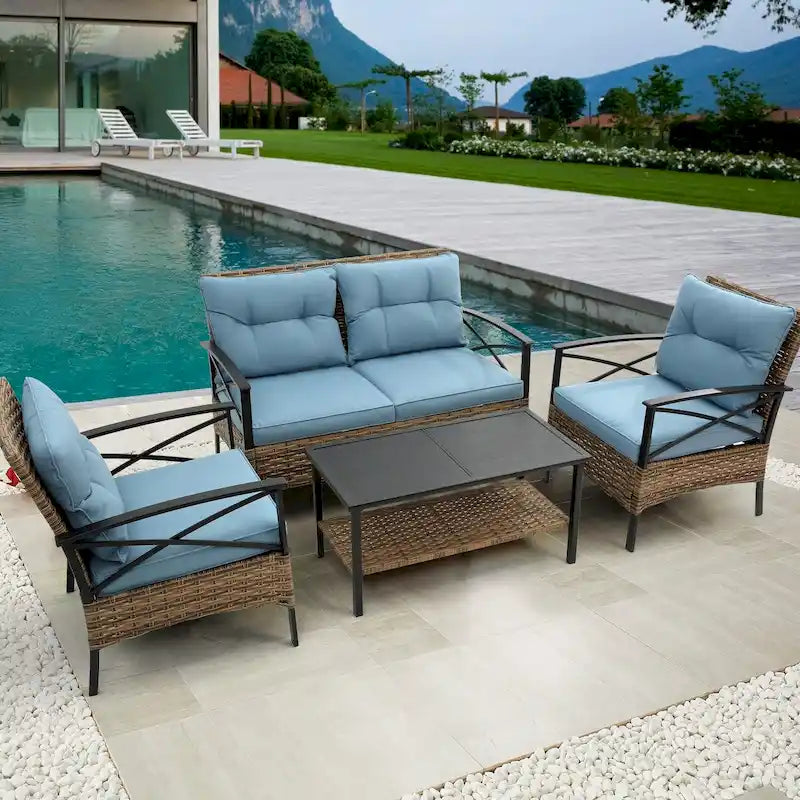 Patio 4 piece sectional sofa set rattan wicker outdoor garden furniture corner sofa set with cushion