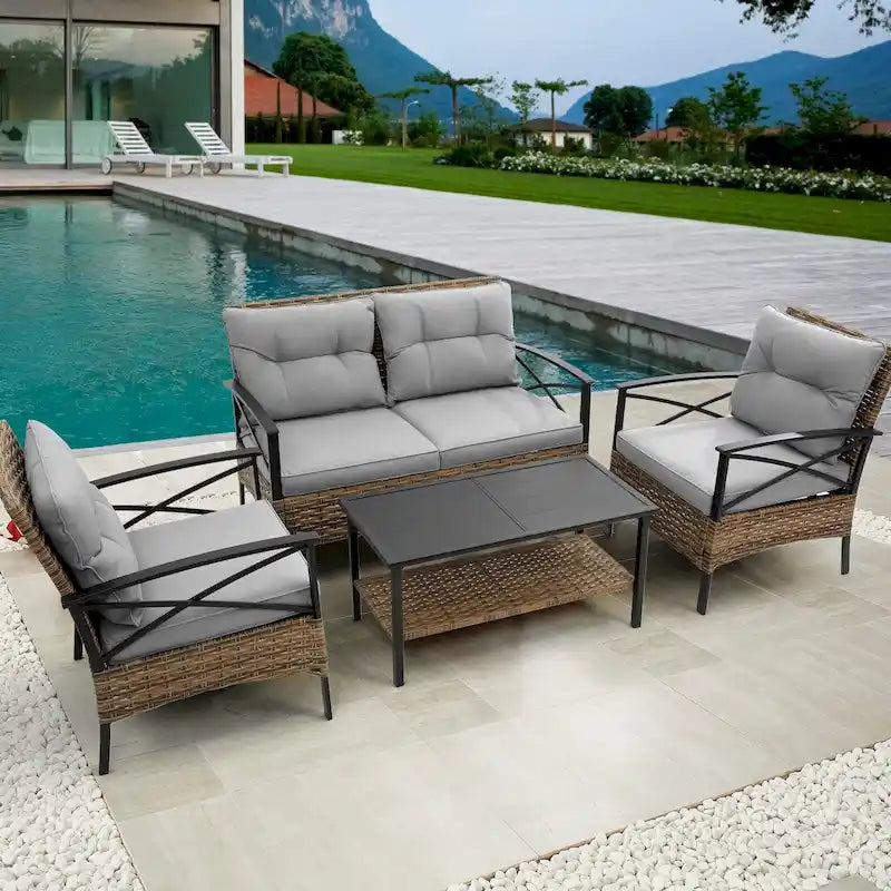 Patio 4 piece sectional sofa set rattan wicker outdoor garden furniture corner sofa set with cushion