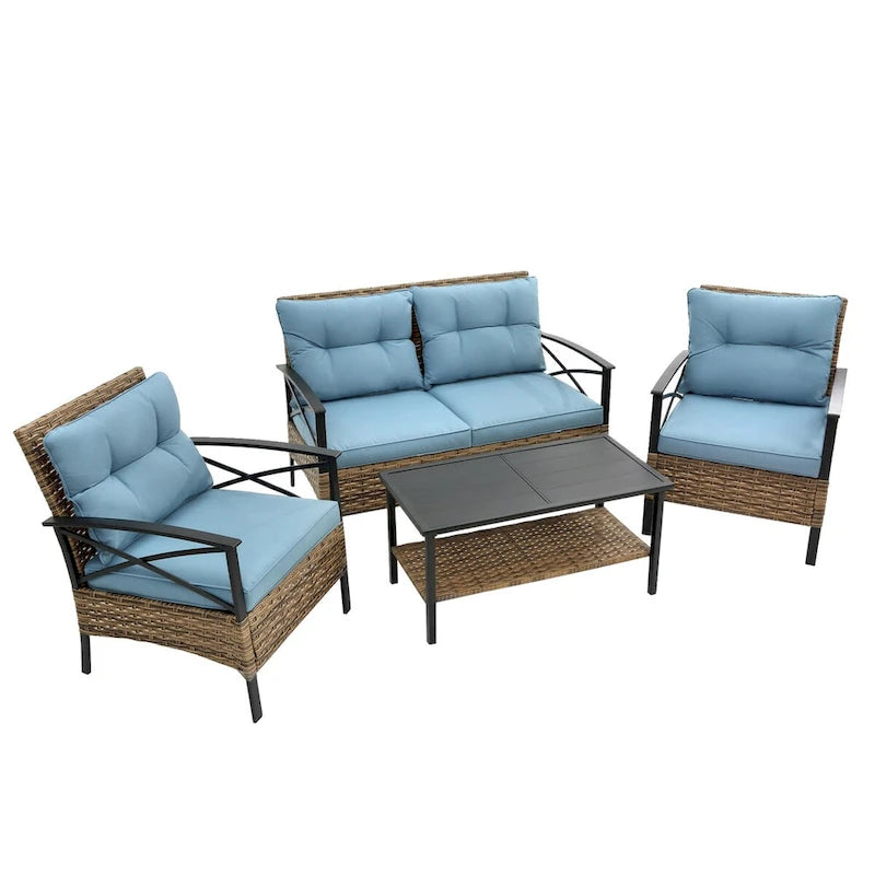 Patio 4 piece sectional sofa set rattan wicker outdoor garden furniture corner sofa set with cushion