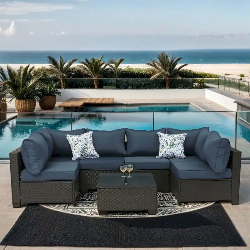 7-Piece PE Rattan Wicker Outdoor Patio Sectional Sofa Set with Cushions and Coffee Table