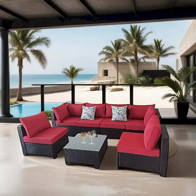 7-Piece PE Rattan Wicker Outdoor Patio Sectional Sofa Set with Cushions and Coffee Table