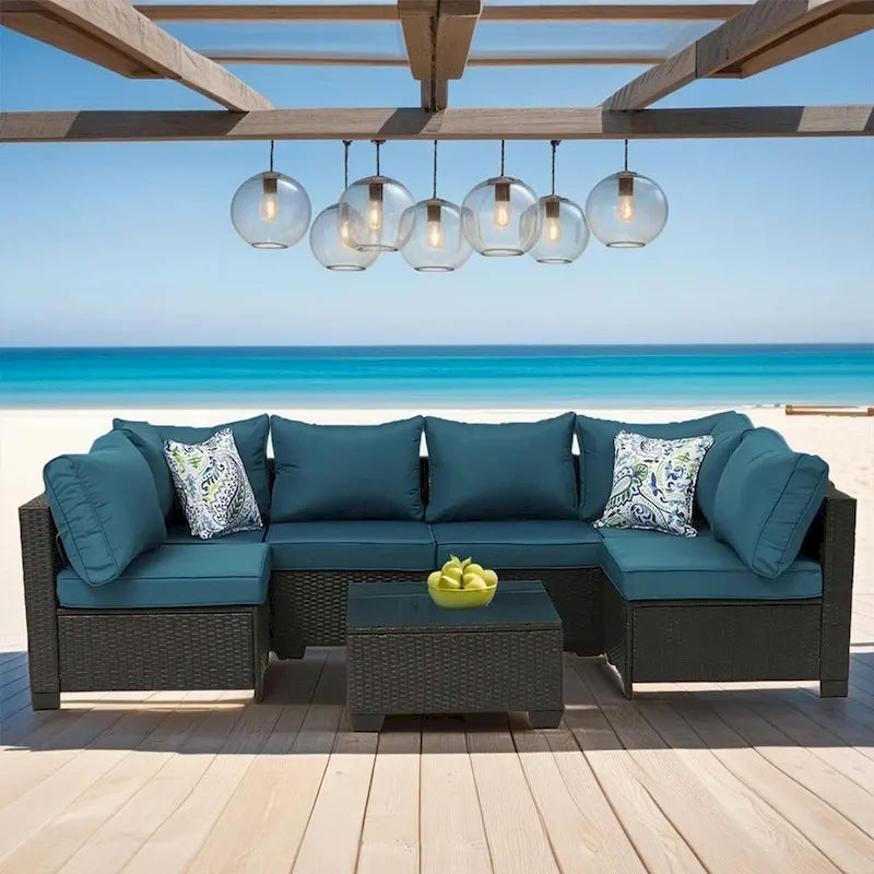 7-Piece PE Rattan Wicker Outdoor Patio Sectional Sofa Set with Cushions and Coffee Table