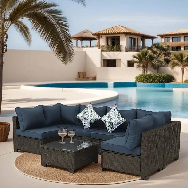 7-Piece PE Rattan Wicker Outdoor Patio Sectional Sofa Set with Cushions and Coffee Table