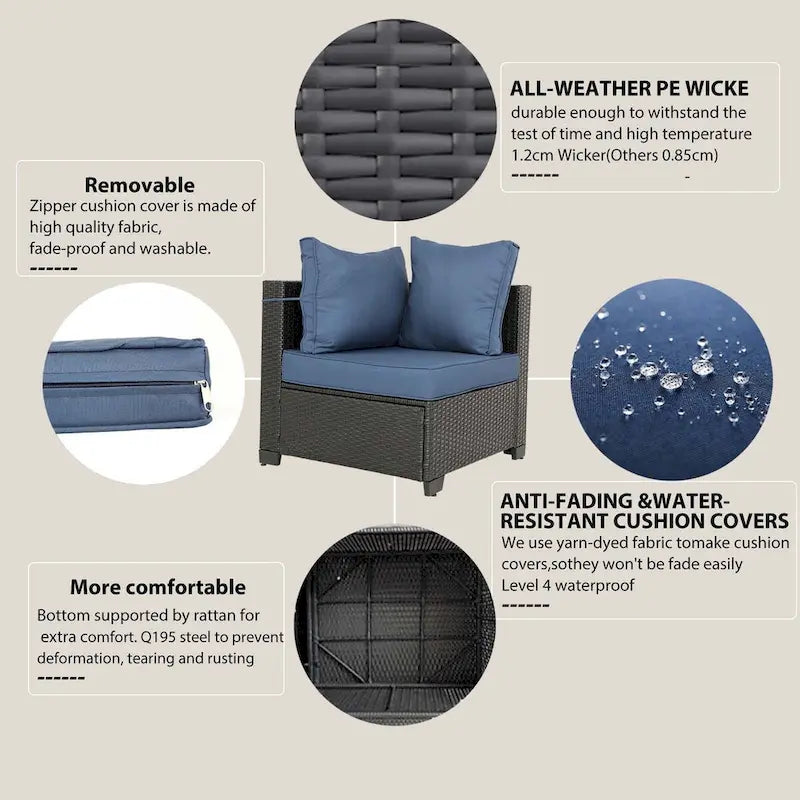 7-Piece PE Rattan Wicker Outdoor Patio Sectional Sofa Set with Cushions and Coffee Table