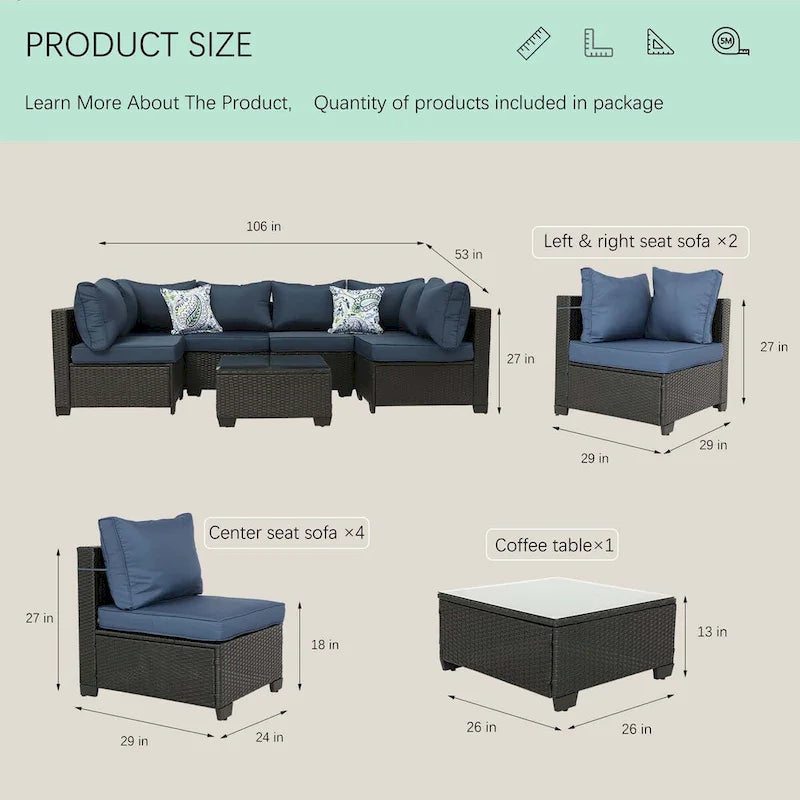 7-Piece PE Rattan Wicker Outdoor Patio Sectional Sofa Set with Cushions and Coffee Table
