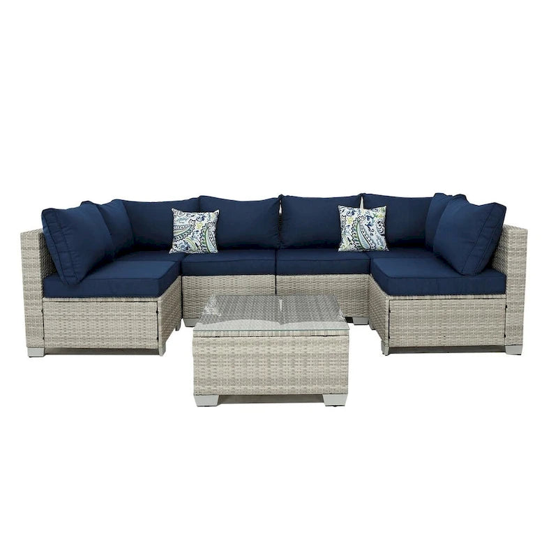7-Piece PE Rattan Wicker Outdoor Patio Sectional Sofa Set with Cushions and Coffee Table