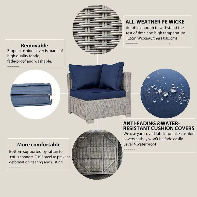 7-Piece PE Rattan Wicker Outdoor Patio Sectional Sofa Set with Cushions and Coffee Table