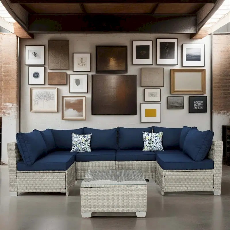 7-Piece PE Rattan Wicker Outdoor Patio Sectional Sofa Set with Cushions and Coffee Table