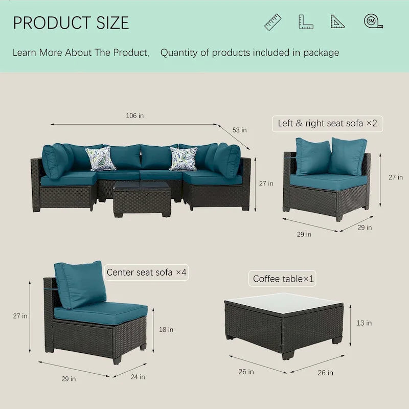 7-Piece PE Rattan Wicker Outdoor Patio Sectional Sofa Set with Cushions and Coffee Table
