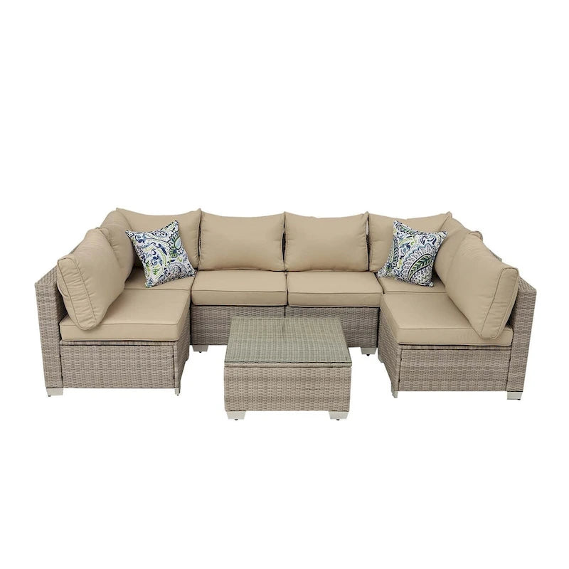 7-Piece PE Rattan Wicker Outdoor Patio Sectional Sofa Set with Cushions and Coffee Table