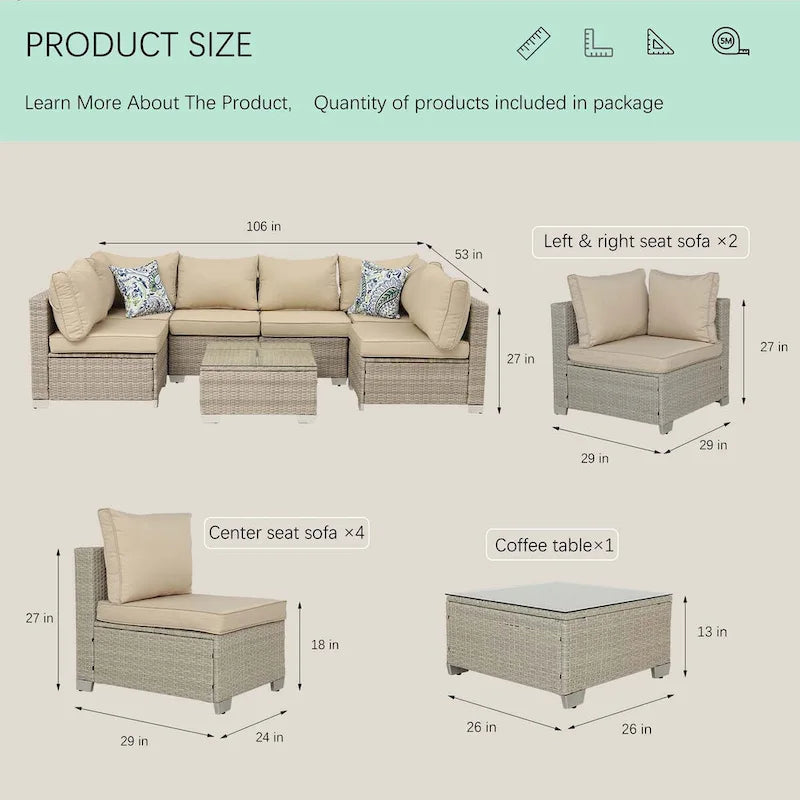 7-Piece PE Rattan Wicker Outdoor Patio Sectional Sofa Set with Cushions and Coffee Table