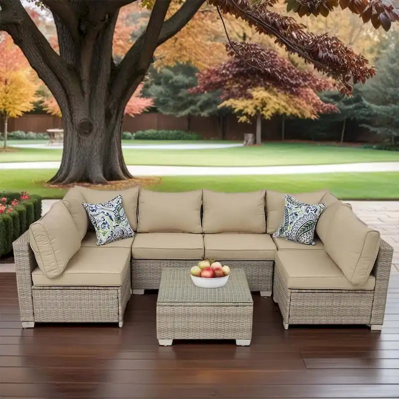 7-Piece PE Rattan Wicker Outdoor Patio Sectional Sofa Set with Cushions and Coffee Table
