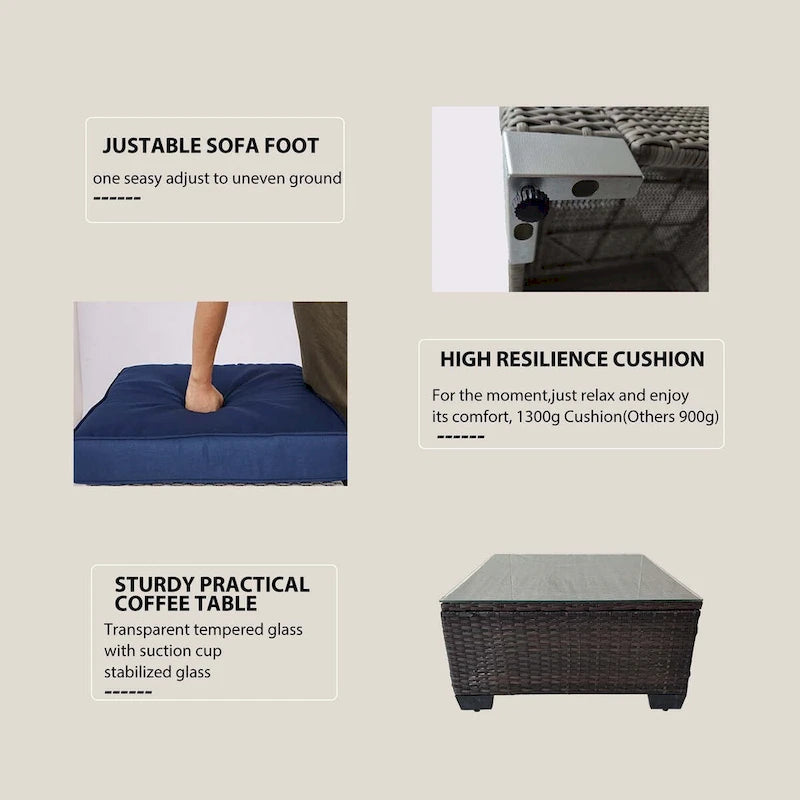 7-Piece PE Rattan Wicker Outdoor Patio Sectional Sofa Set with Cushions and Coffee Table