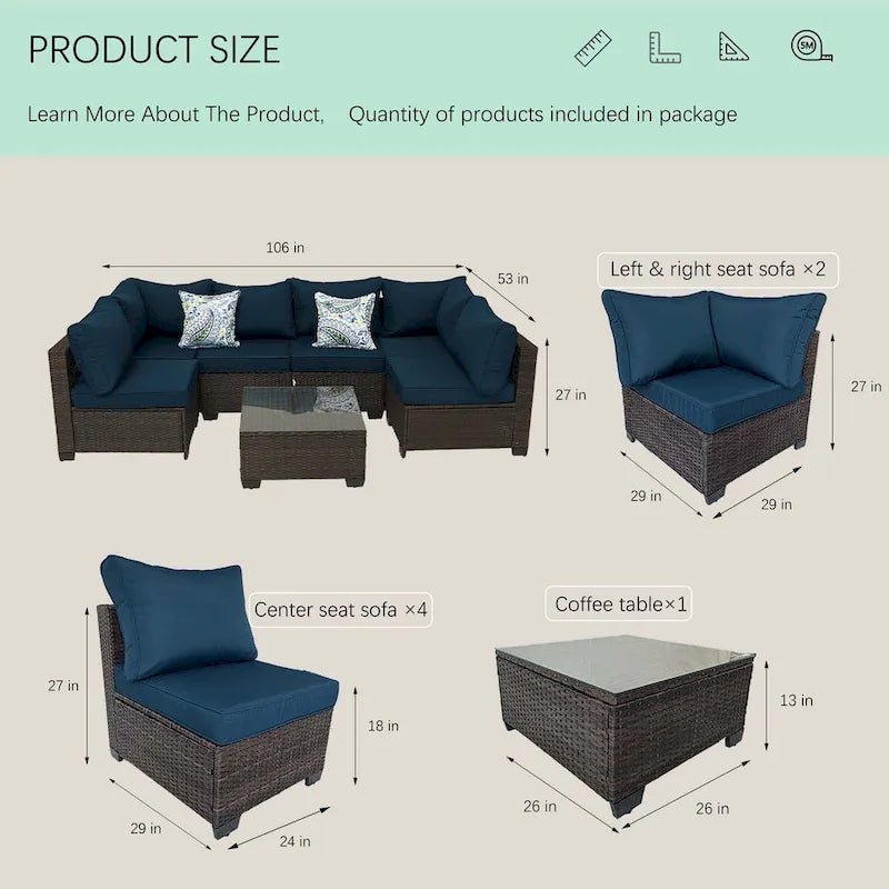 7-Piece PE Rattan Wicker Outdoor Patio Sectional Sofa Set with Cushions and Coffee Table