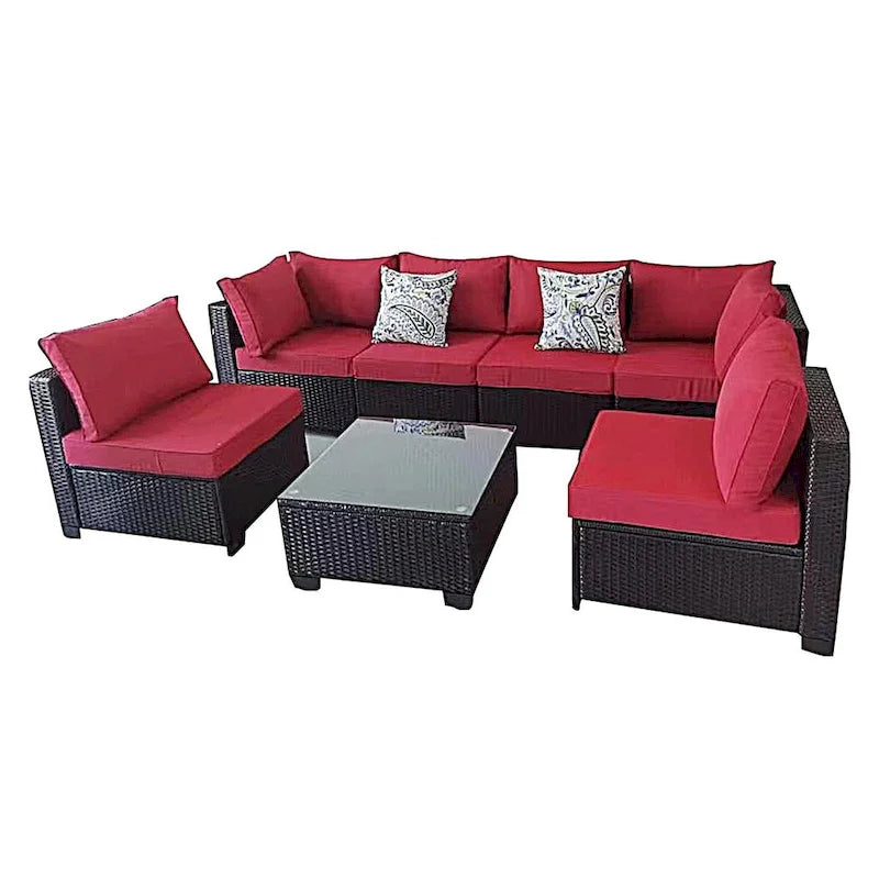 7-Piece PE Rattan Wicker Outdoor Patio Sectional Sofa Set with Cushions and Coffee Table