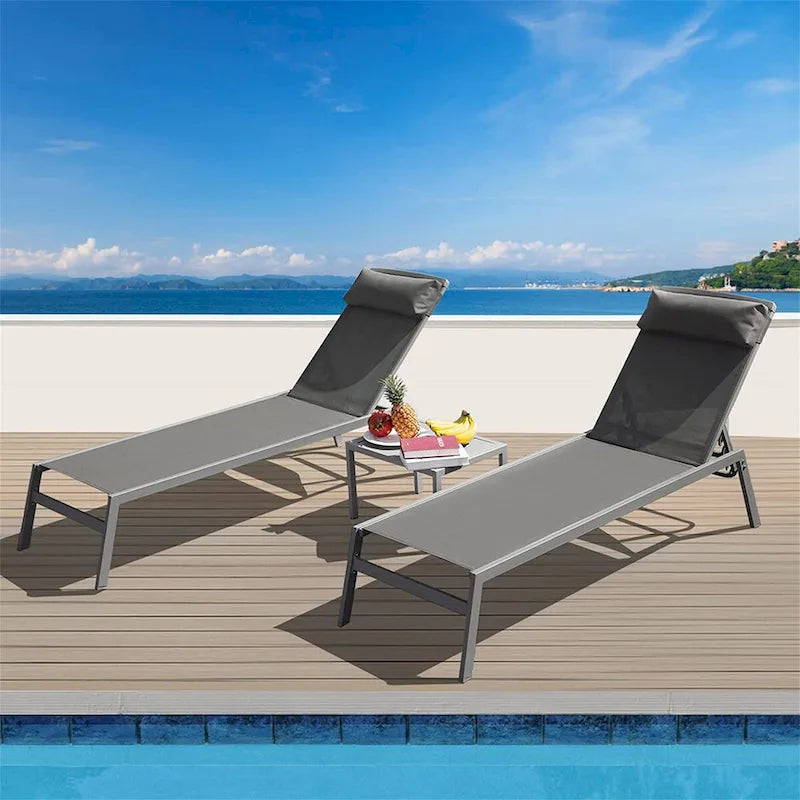 5 Adjustable Aluminum Outdoor 2 Chaise Lounge Chair with Pillow and 1 Table in Blue - N/A