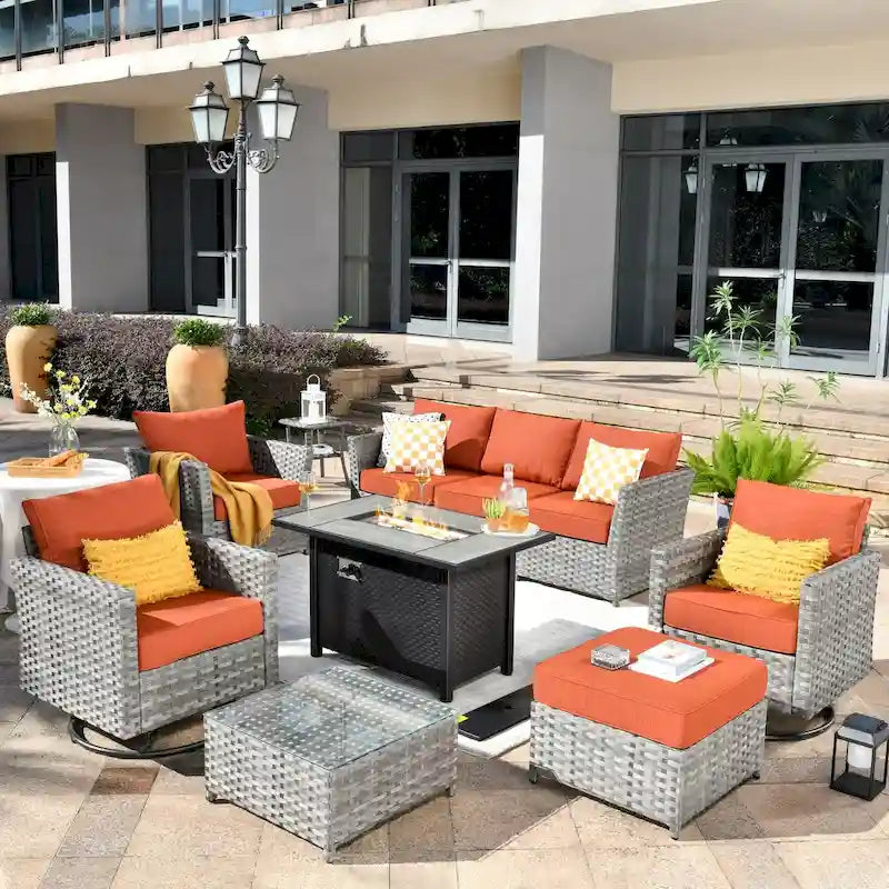 HOOOWOOO 10-piece Rattan Wicker Sectional Sofa Patio Furniture Set with Fire Pit Table