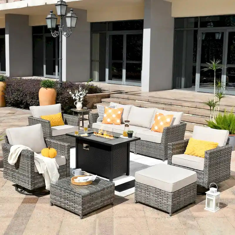 HOOOWOOO 10-piece Rattan Wicker Sectional Sofa Patio Furniture Set with Fire Pit Table