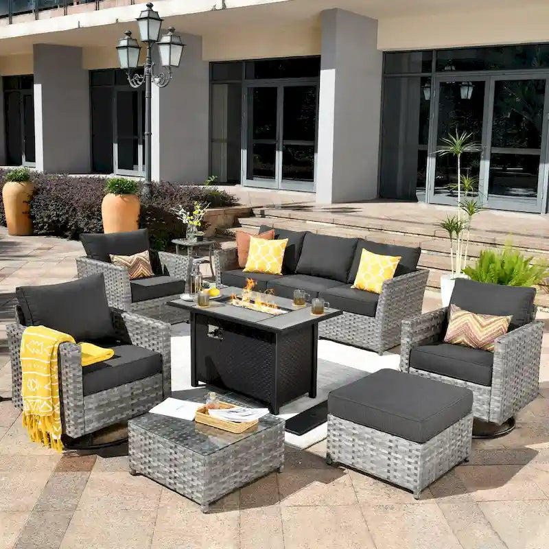 HOOOWOOO 10-piece Rattan Wicker Sectional Sofa Patio Furniture Set with Fire Pit Table