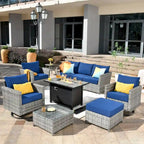 HOOOWOOO 10-piece Rattan Wicker Sectional Sofa Patio Furniture Set with Fire Pit Table