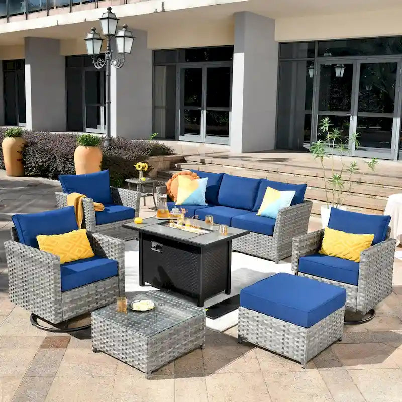 HOOOWOOO 10-piece Rattan Wicker Sectional Sofa Patio Furniture Set with Fire Pit Table