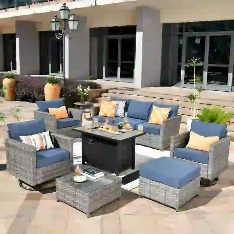 HOOOWOOO 10-piece Rattan Wicker Sectional Sofa Patio Furniture Set with Fire Pit Table