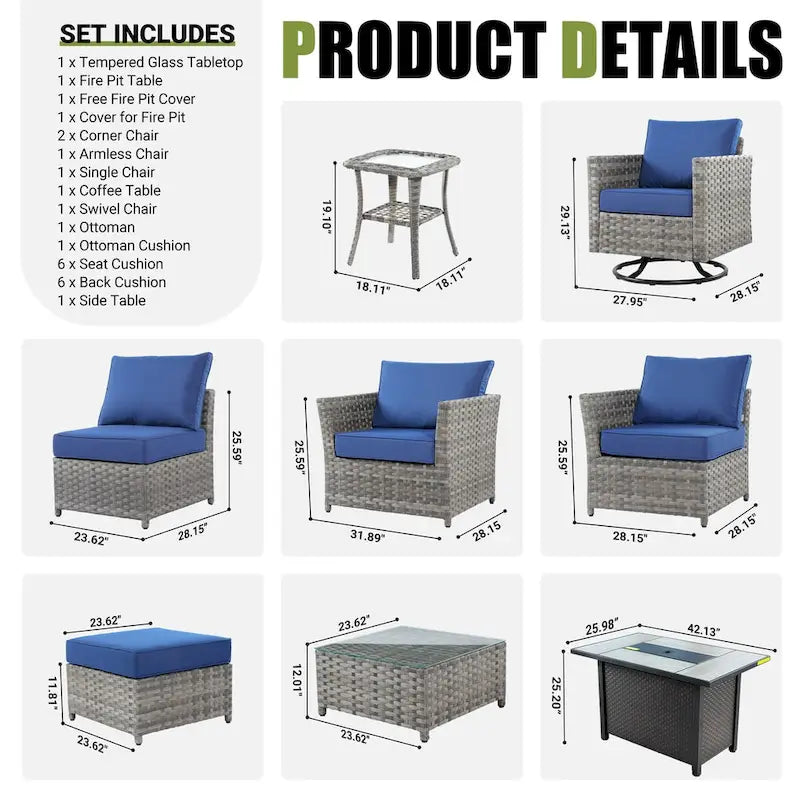 HOOOWOOO 10-piece Rattan Wicker Sectional Sofa Patio Furniture Set with Fire Pit Table