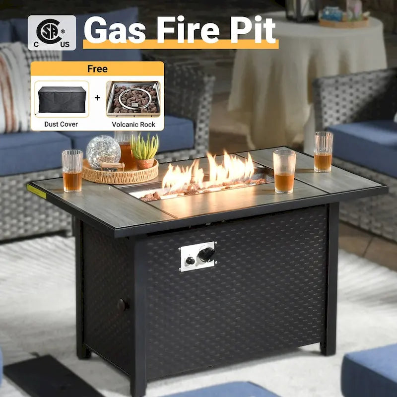 HOOOWOOO 10-piece Rattan Wicker Sectional Sofa Patio Furniture Set with Fire Pit Table