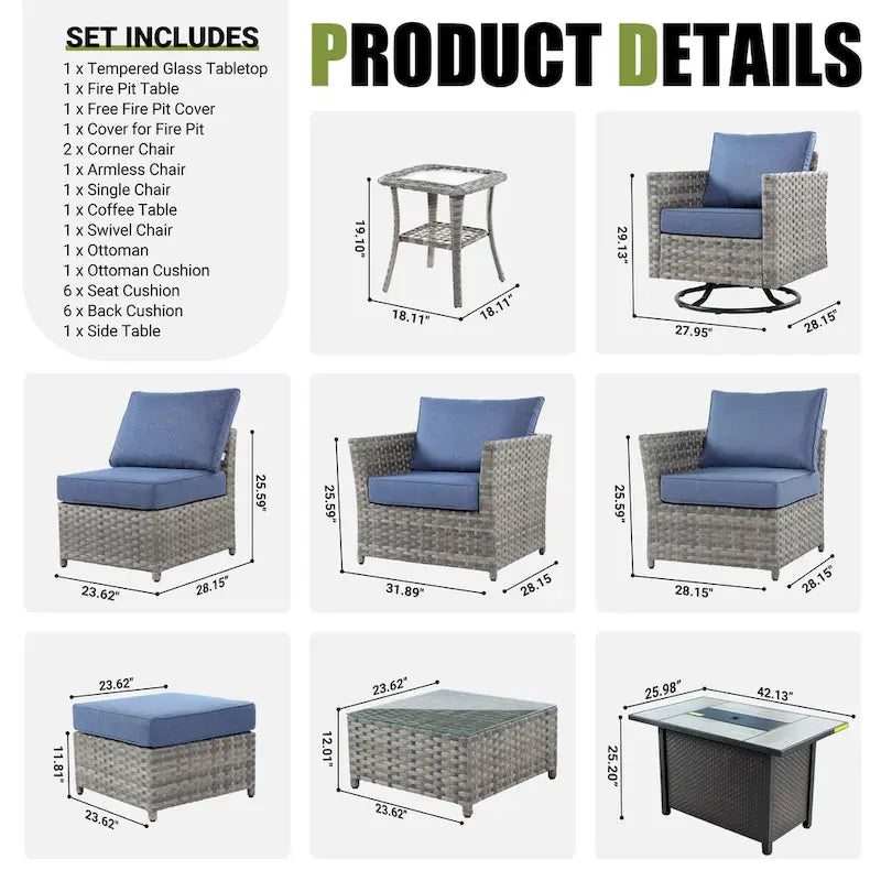 HOOOWOOO 10-piece Rattan Wicker Sectional Sofa Patio Furniture Set with Fire Pit Table