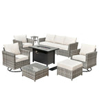 HOOOWOOO 10-piece Rattan Wicker Sectional Sofa Patio Furniture Set with Fire Pit Table