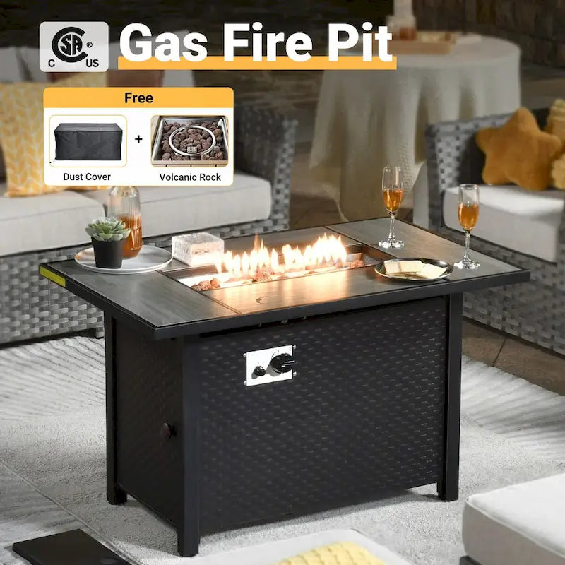 HOOOWOOO 10-piece Rattan Wicker Sectional Sofa Patio Furniture Set with Fire Pit Table