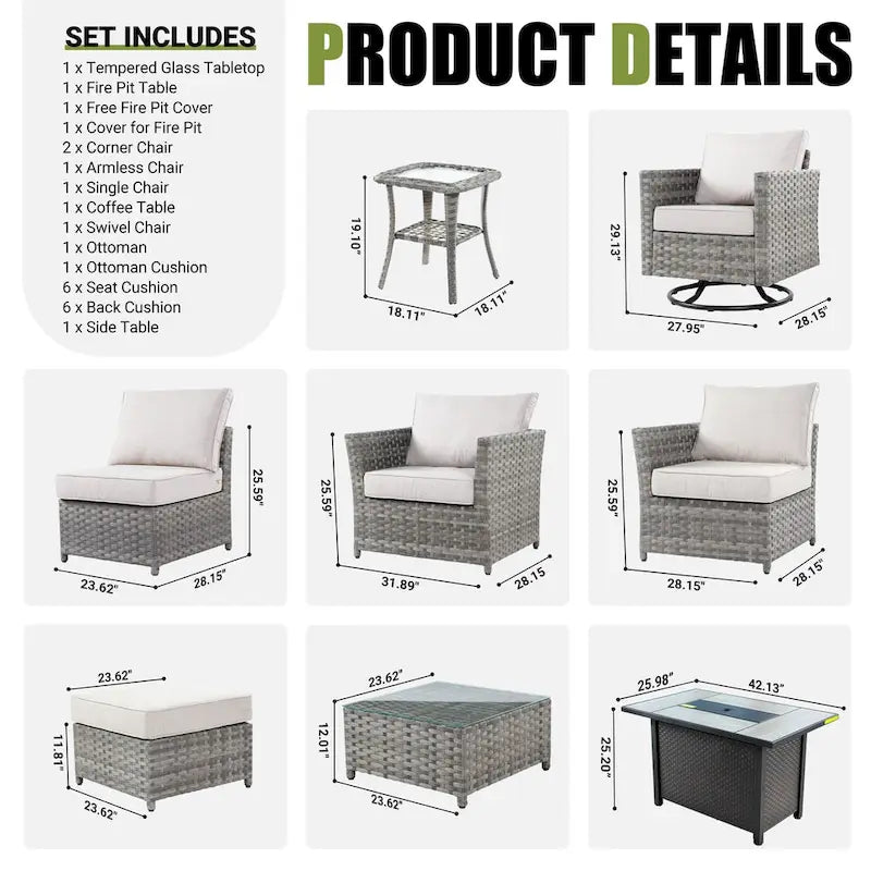 HOOOWOOO 10-piece Rattan Wicker Sectional Sofa Patio Furniture Set with Fire Pit Table