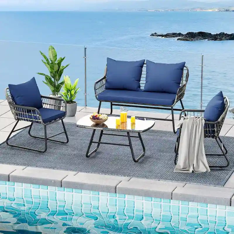 Moasis 4-Piece Blue All Weather Rattan Conversation Loveseat Bistro Set - 4 Pcs