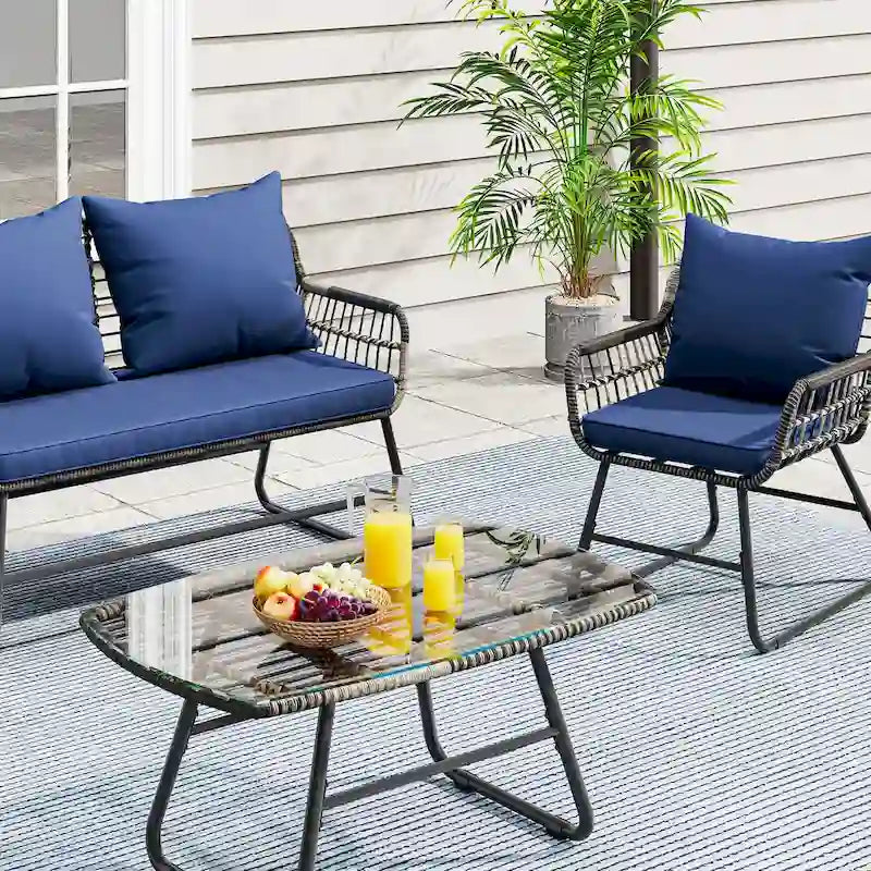 Moasis 4-Piece Blue All Weather Rattan Conversation Loveseat Bistro Set - 4 Pcs