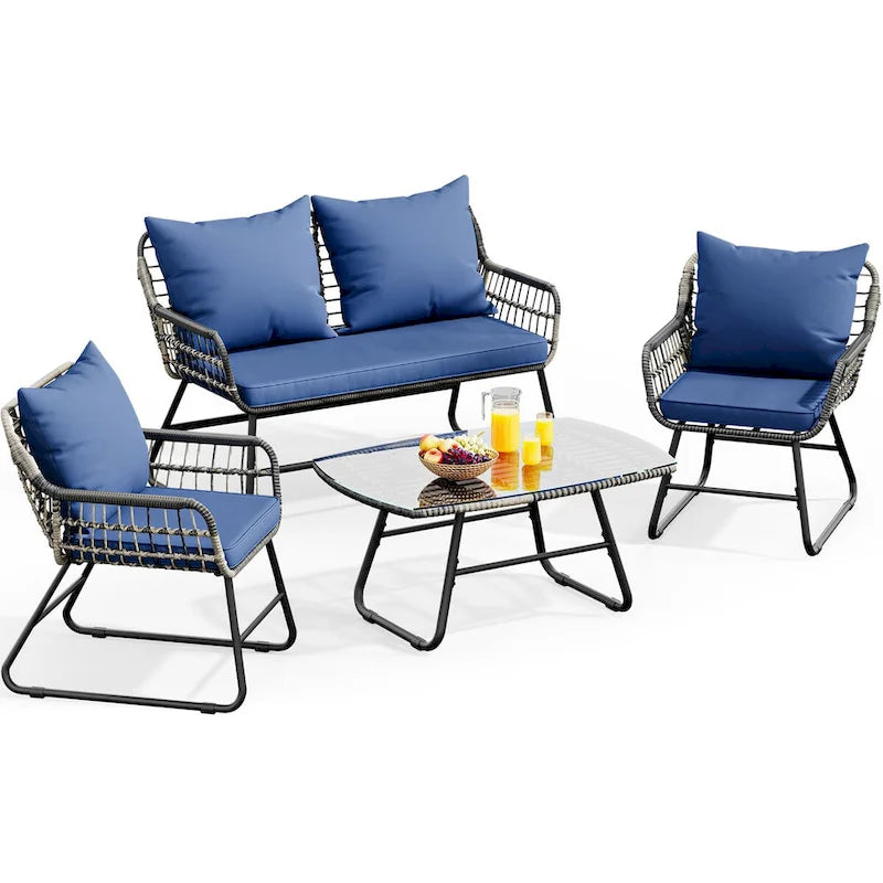 Moasis 4-Piece Blue All Weather Rattan Conversation Loveseat Bistro Set - 4 Pcs