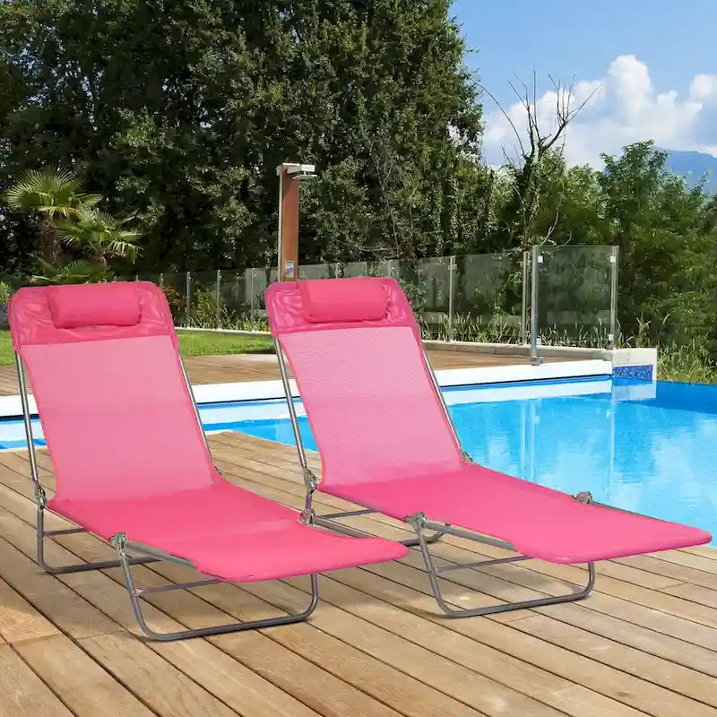 2 Piece Folding Chaise Lounge Chairs with 6-Position Reclining Back